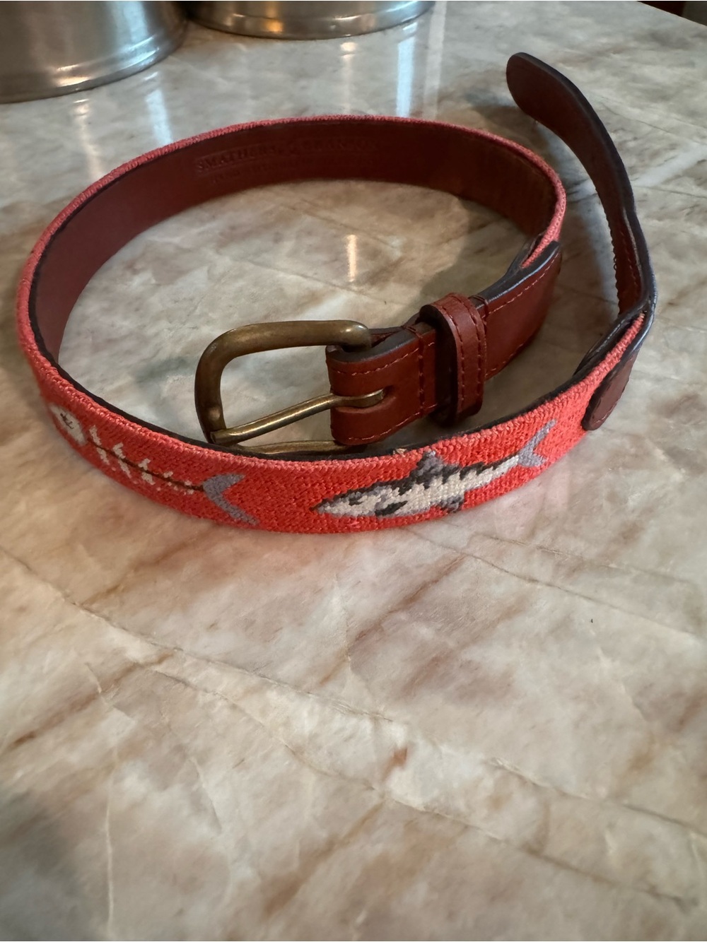 Kids Smathers & Branson Orange Needlepoint Leather Belt with Shark Motif